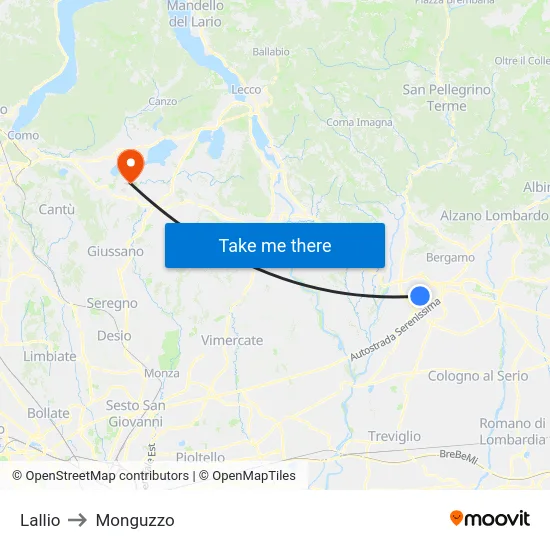 Lallio to Monguzzo map