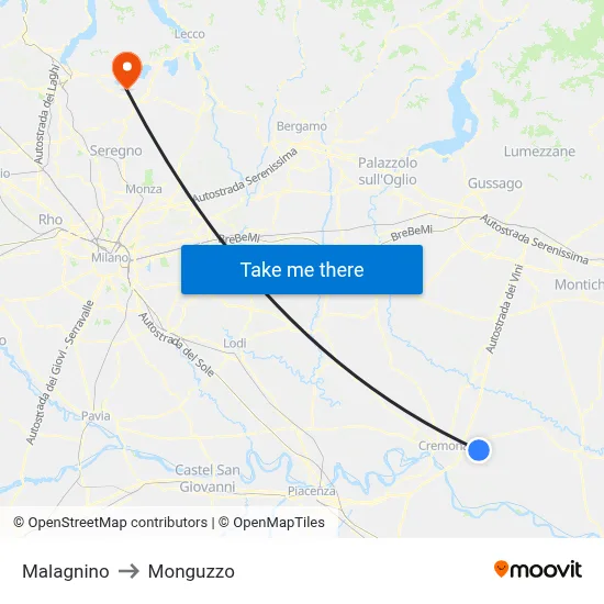 Malagnino to Monguzzo map