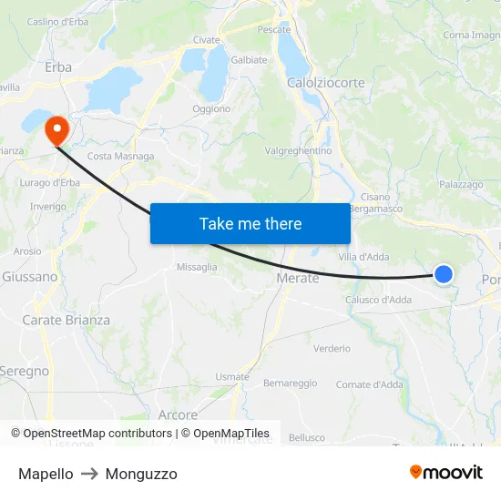Mapello to Monguzzo map