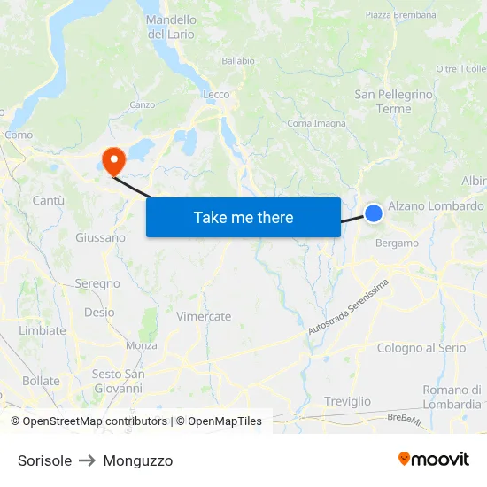 Sorisole to Monguzzo map