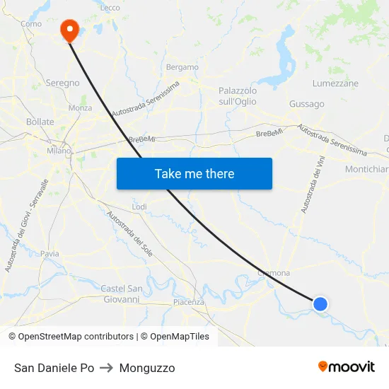 San Daniele Po to Monguzzo map