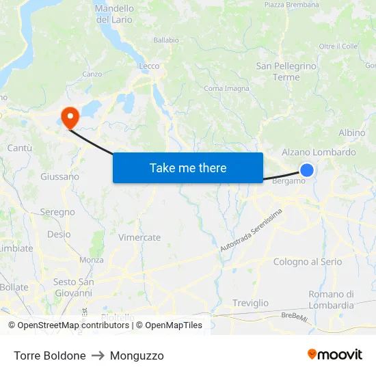 Torre Boldone to Monguzzo map
