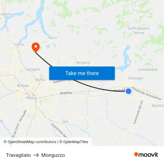 Travagliato to Monguzzo map