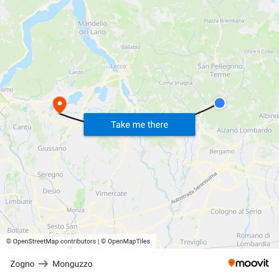 Zogno to Monguzzo map