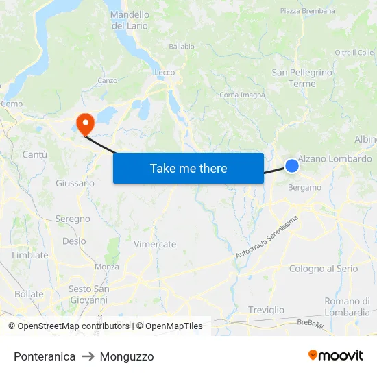 Ponteranica to Monguzzo map
