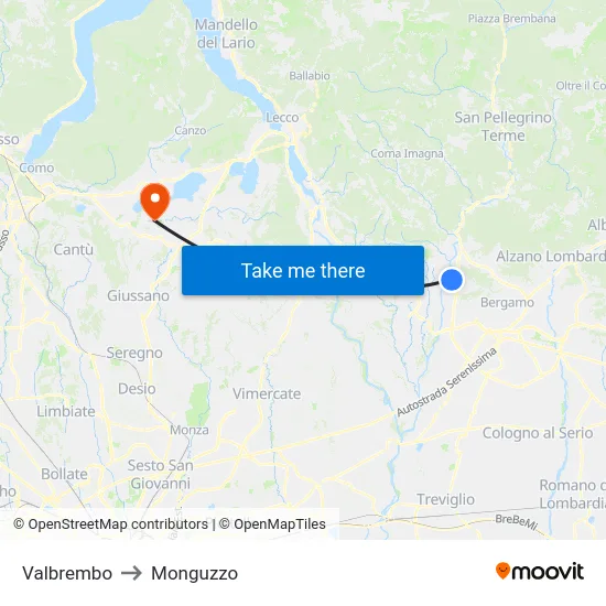 Valbrembo to Monguzzo map