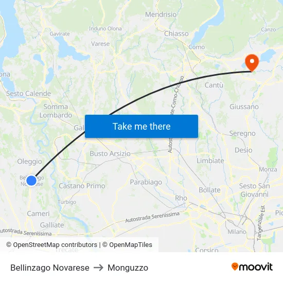 Bellinzago Novarese to Monguzzo map