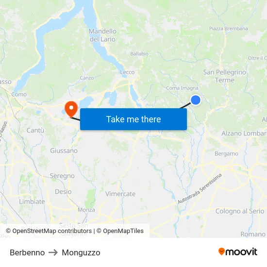 Berbenno to Monguzzo map