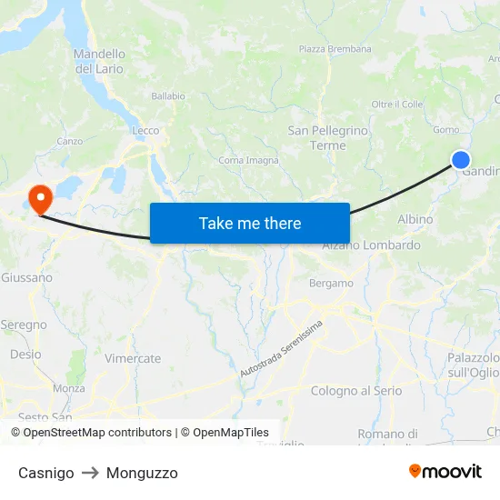 Casnigo to Monguzzo map