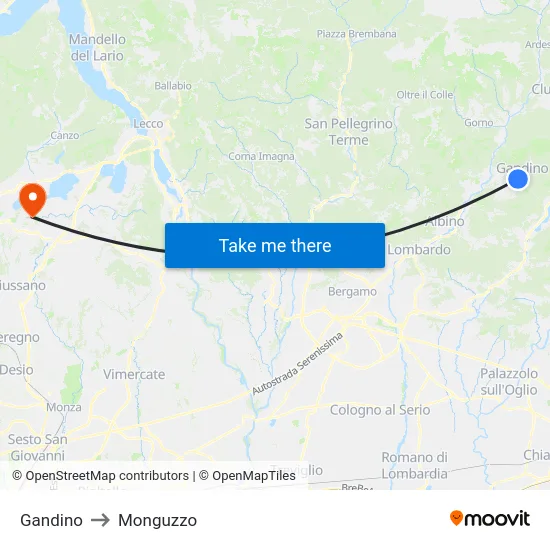 Gandino to Monguzzo map