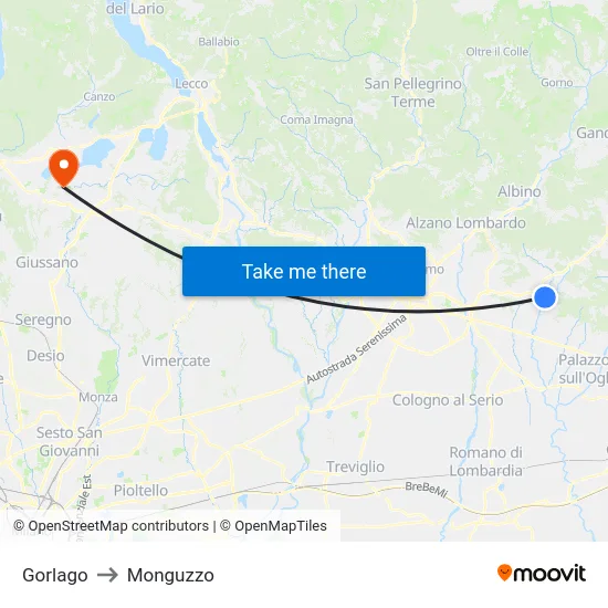 Gorlago to Monguzzo map
