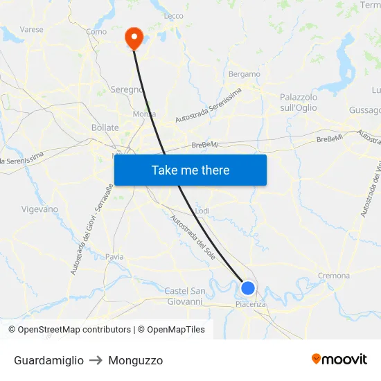 Guardamiglio to Monguzzo map
