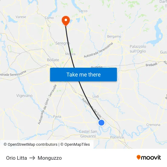 Orio Litta to Monguzzo map