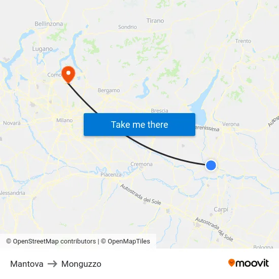 Mantova to Monguzzo map