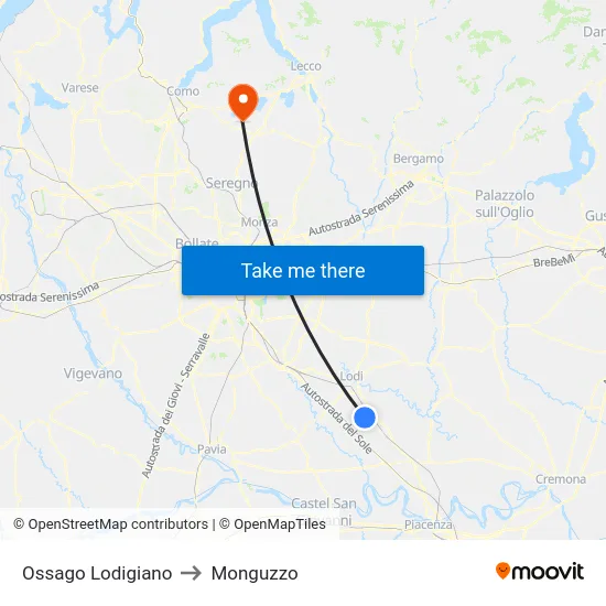 Ossago Lodigiano to Monguzzo map