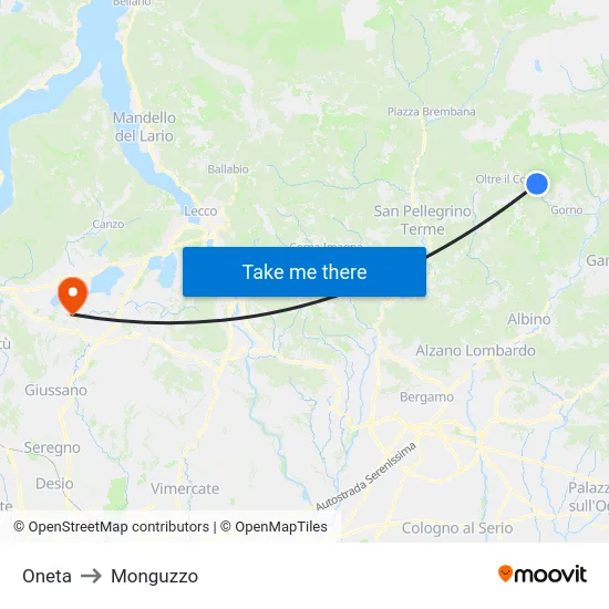 Oneta to Monguzzo map