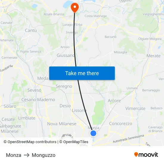 Monza to Monguzzo map