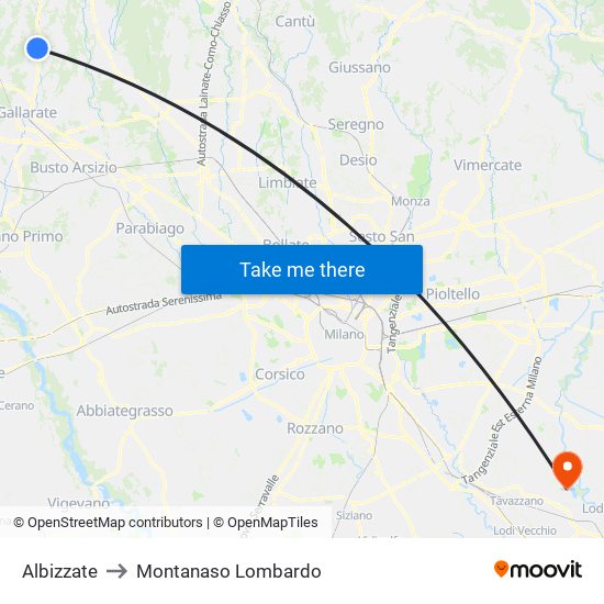 Albizzate to Montanaso Lombardo map