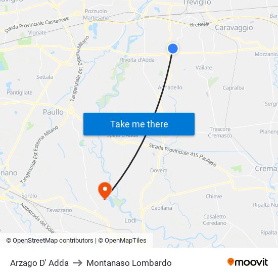 Arzago D' Adda to Montanaso Lombardo map