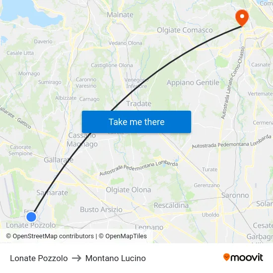 Lonate Pozzolo to Montano Lucino map