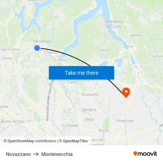 Novazzano to Montevecchia map