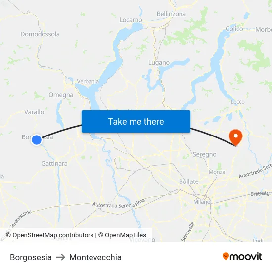 Borgosesia to Montevecchia map