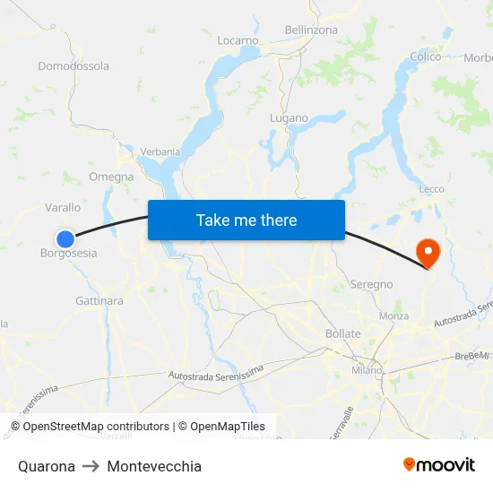 Quarona to Montevecchia map