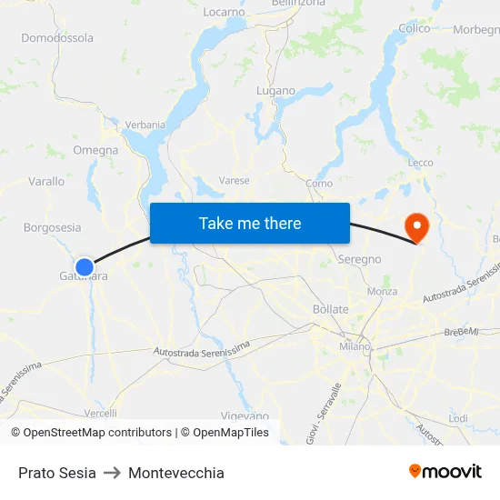 Prato Sesia to Montevecchia map