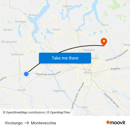 Vicolungo to Montevecchia map