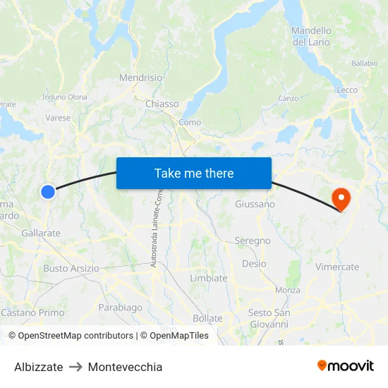Albizzate to Montevecchia map