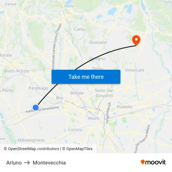 Arluno to Montevecchia map