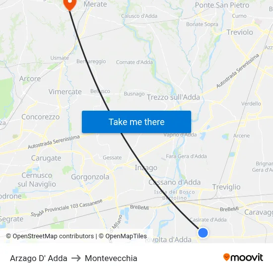 Arzago d'Adda to Montevecchia map