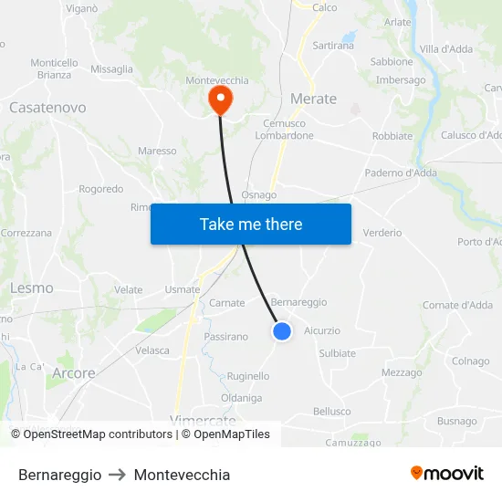 Bernareggio to Montevecchia map