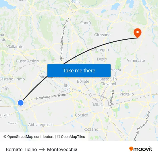 Bernate Ticino to Montevecchia map