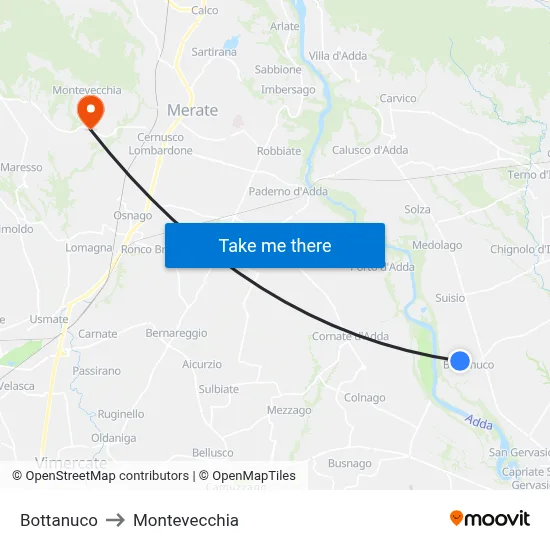 Bottanuco to Montevecchia map