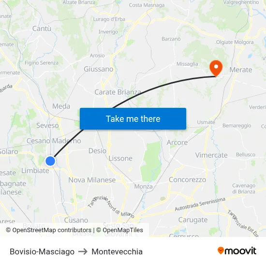 Bovisio-Masciago to Montevecchia map