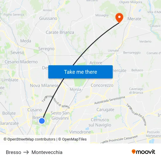 Bresso to Montevecchia map