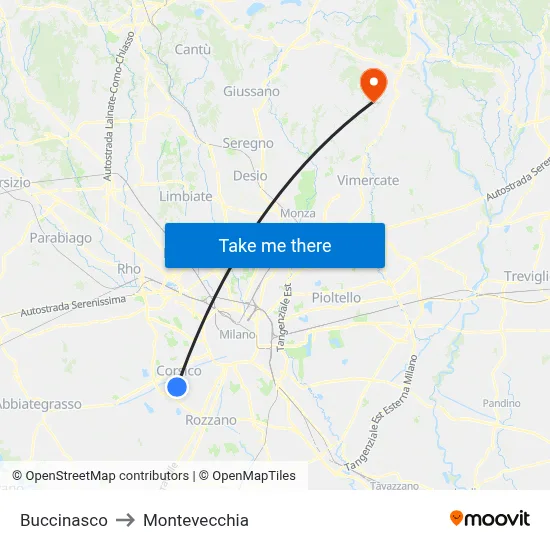 Buccinasco to Montevecchia map