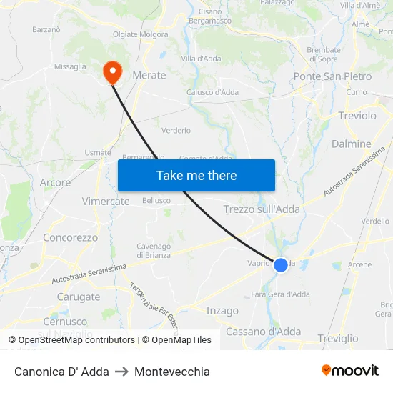 Canonica d'Adda to Montevecchia map