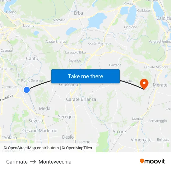 Carimate to Montevecchia map