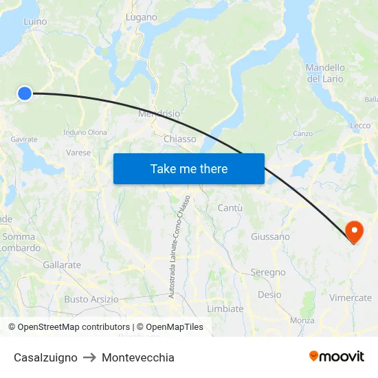 Casalzuigno to Montevecchia map