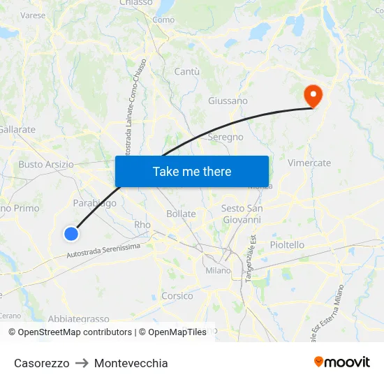 Casorezzo to Montevecchia map