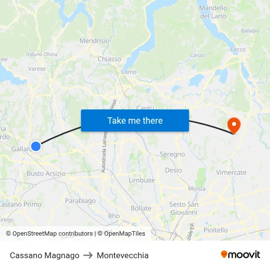 Cassano Magnago to Montevecchia map