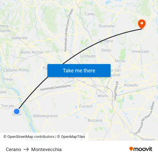 Cerano to Montevecchia map