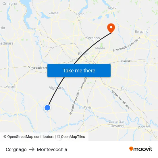Cergnago to Montevecchia map