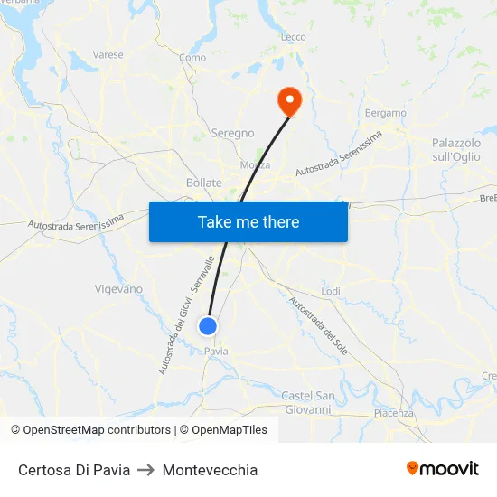 Certosa Di Pavia to Montevecchia map