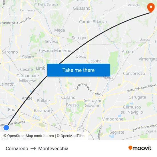Cornaredo to Montevecchia map
