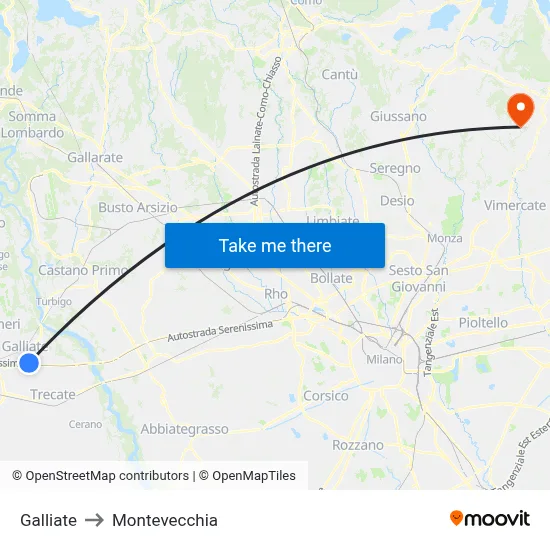 Galliate to Montevecchia map