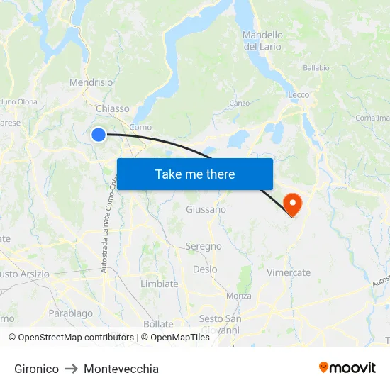 Gironico to Montevecchia map