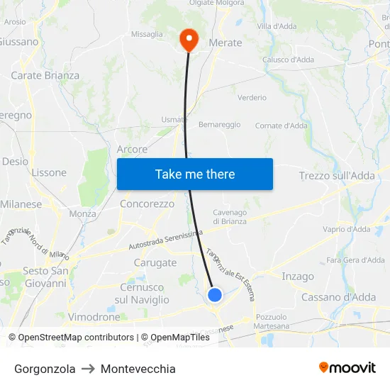 Gorgonzola to Montevecchia map